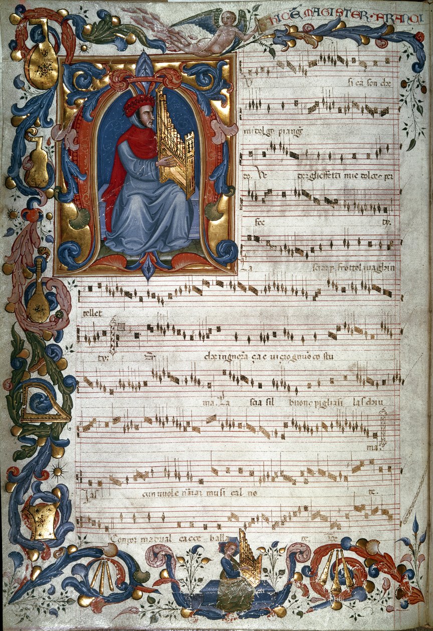 Portrét Francesca Landina a hudební partitura, ilustrace z "The Squarcialupi Codex", c.1325-35 od Italian School