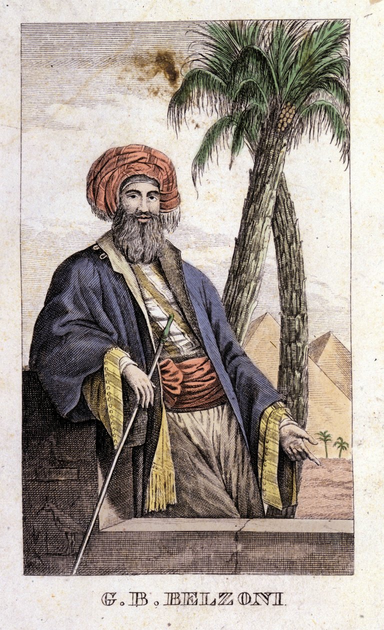 Portrét Giovanniho Battisty (Gianbattisty) Belzoniho (1778-1823), italského průzkumníka a archeologa, který učinil důležité archeologické objevy v Egyptě. Rytina - v „“ Cesta do Egypta a Núbie ““ od Belzoniho, Milán od Italian School