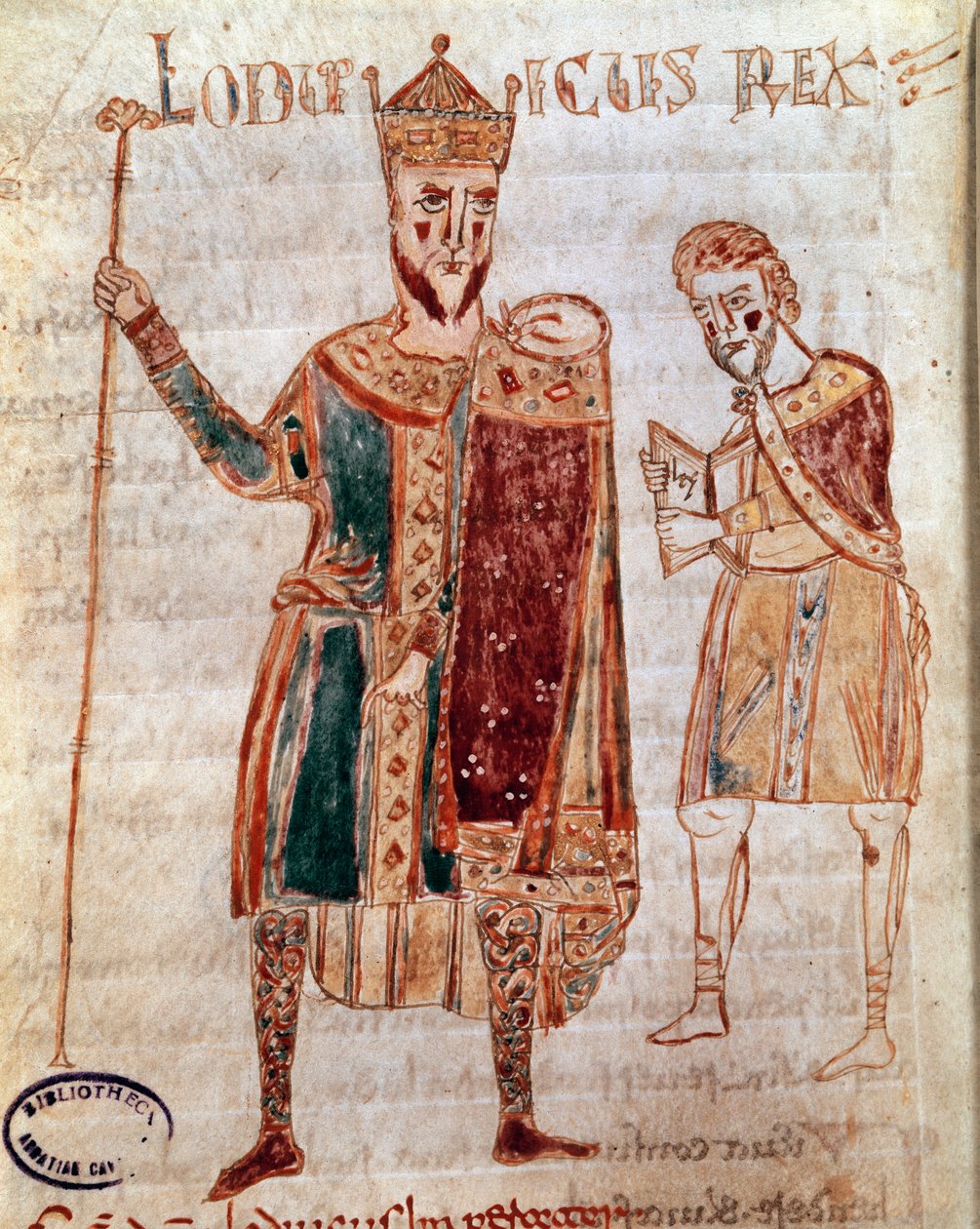 Portrét Ludvíka I. Pobožného (778-840), francouzského krále Rukopisná strana (ms. 4) „Codex Legum Longobardorum“ (nebo Langobardorum) popisující zákony lombardského království založeného králem Rotharim od Italian School