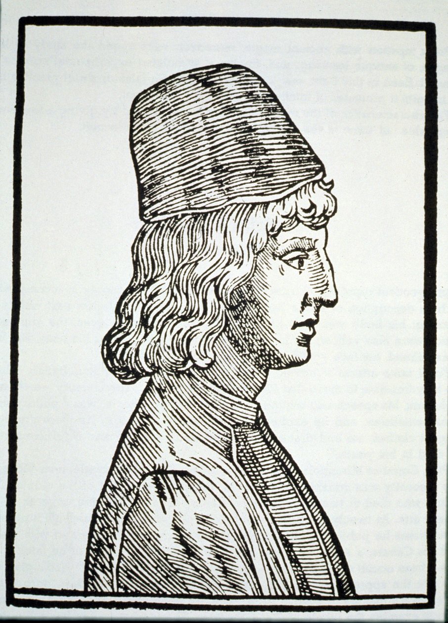 Portrét Pico della Mirandola (1463-94), z Delle Celeste Fisionomia od Giovanniho Battisty della Porta, Padova 1616, ilustrovaný v Historii magie, vydané koncem 19. století od Italian School
