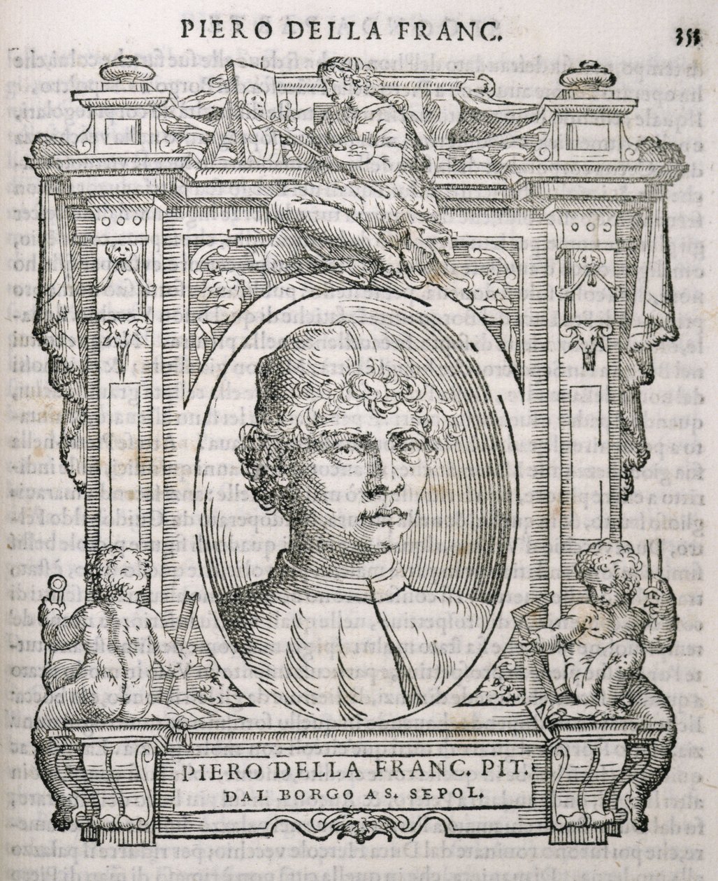 Portrét Piera dell Francesca (1415-92) z Vasaris Lives of the Artists, poprvé publikován v roce 1550 od Italian School