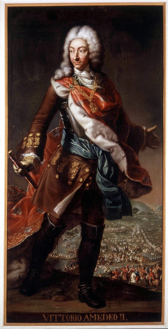 Portrét Vittoria Amedea II di Savoia zvaného Volpe Savoiarda (1666-1732) (Victor Amedee II nebo Victor-Amedee), vévody savojského a krále Sicílie a poté Sardinie. Obraz zachovaný na zámku A. Racconigi. od Italian School