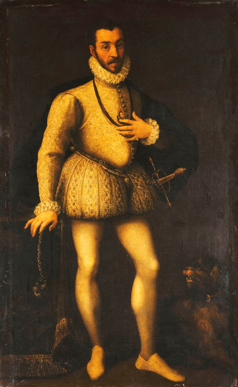Portrét gentlemana, celovečerní, na sobě má vyšívanou bílou vestu, plášť a meč, kolem roku 1580 od Italian School