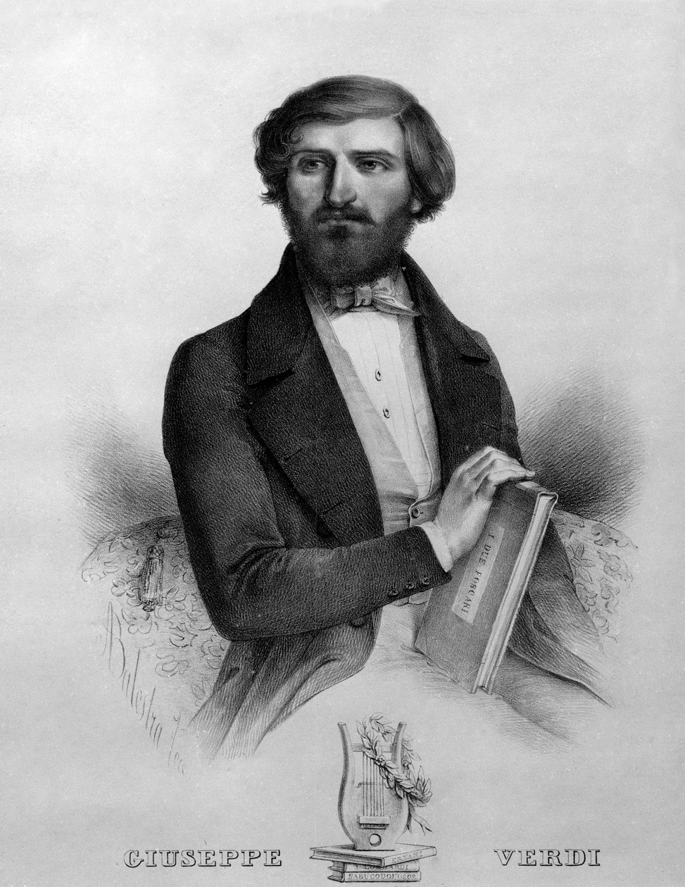 Portrét italského skladatele Giuseppe Verdiho (1813 - 1901) v roce 1844 s partiturou opery „I due foscari““. od Italian School
