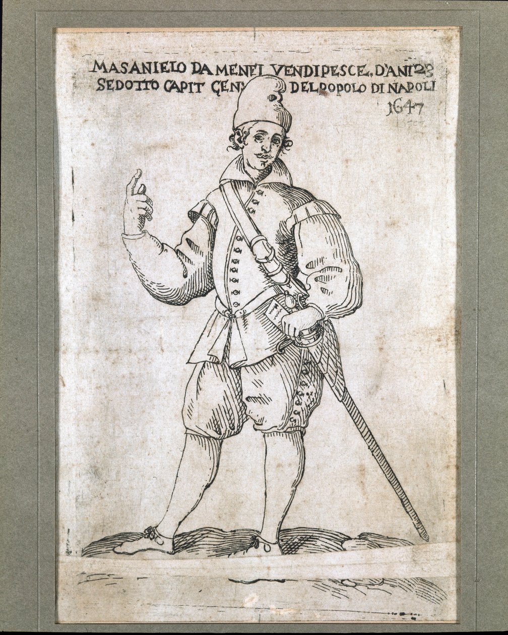 Portrét neapolského rybáře a revolucionáře Masaniella (1623-1647) (Portrét Masaniella, neapolského rybáře a vůdce povstání proti habsburské nadvládě v Neapoli v roce 1647) Rytina Museo Nazionale di San Martino Neapol ze 17. století od Italian School
