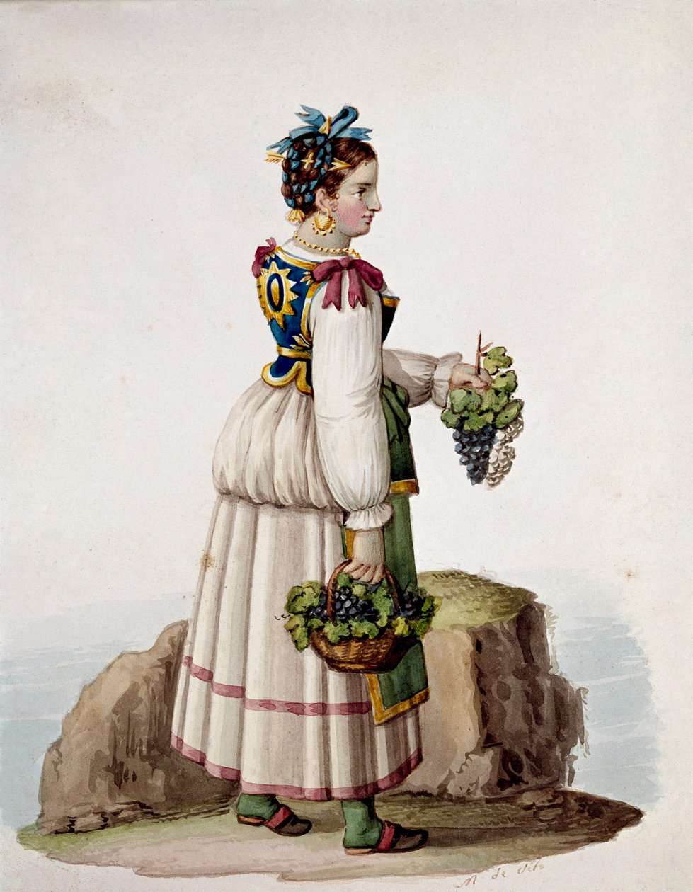 Portrét mladé ženy z Capri, v tradičním oděvu, držící hrozny - (Starý obchod: mladá žena z Capri, držící hrozny) Akvarel Museo Nazionale di San Martino Neapol z 19. století od Italian School