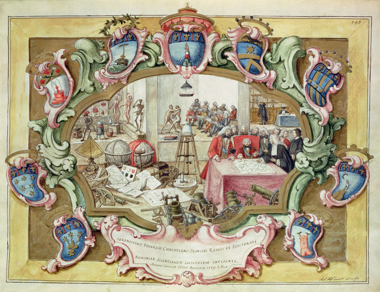 Princ Frederick Christian z Polska na návštěvě Institutu vědy, Bologna v roce 1739 (akvarel na papíře) od Italian School