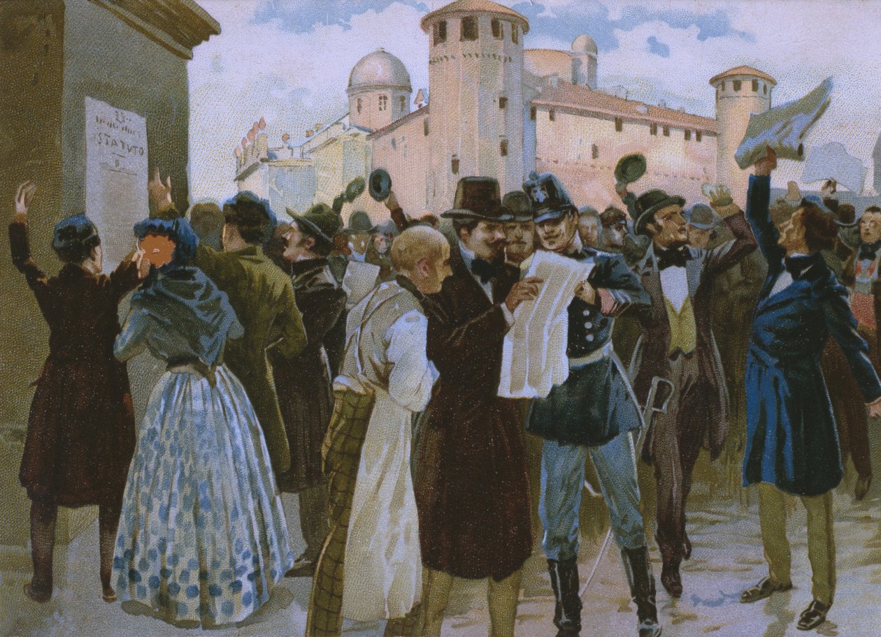 Vyhlášení výsledků plebiscitu ze 4. března 1848 před Palazzo Reale v Turíně, ilustrace z alba o historii Risorgimenta vyrobeného pro čokoládu Talmone, konec 19. století od Italian School