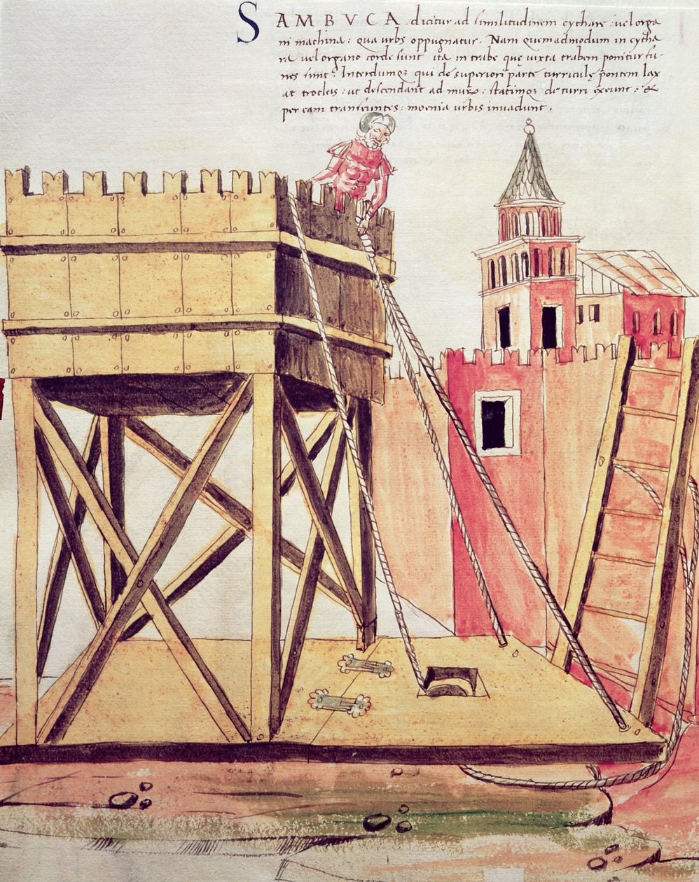 Projekt obléhací věže, ilustrace z „De re Militari“ od Roberta Valturia (1405-75) 1470 (pero, inkoust a akvarel na papíře) od Italian School