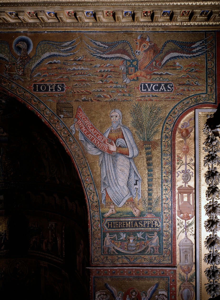 Prorok Jeremiáš a symboly evangelistů Jana a Lukáše Anonymní Mozaika 12. století Řím, kostel Santa Maria v Trastevere Itálie od Italian School