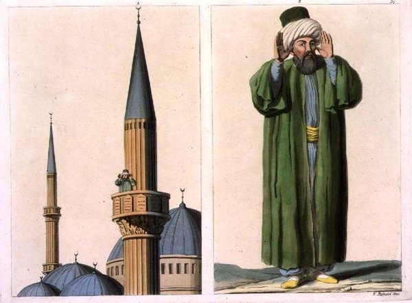 Veřejný muezzin a detail, deska 37 z části III, svazek I „Historie národů“, vyryl V. Raineri (akvatinta) od Italian School