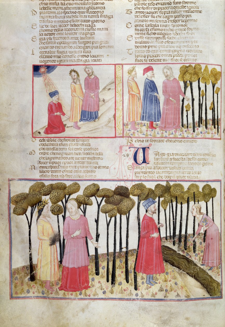 Purg.XXVIII f.47v Virgil na odchodu a Božský les, z Božské komedie od Dante Alighieriho (1265-1321) od Italian School