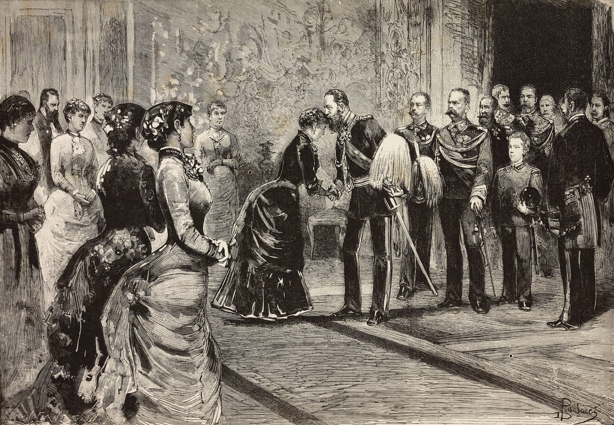 Královna Margherita a Umberto I. přijímají korunního prince Německa (budoucího Fridricha III.) v Quirinale, Řím, Itálie, rytina z kresby Dante Paolocci, z L