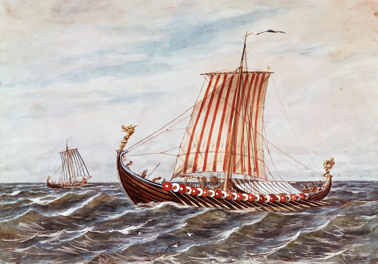 Rekonstrukce vikingských lodí z 10. století (barevné lito) od Italian School