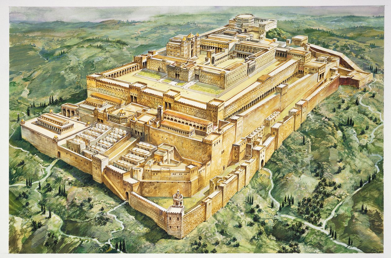Rekonstrukce Šalamounova paláce a Prvního chrámu (barevná litografie) od Italian School