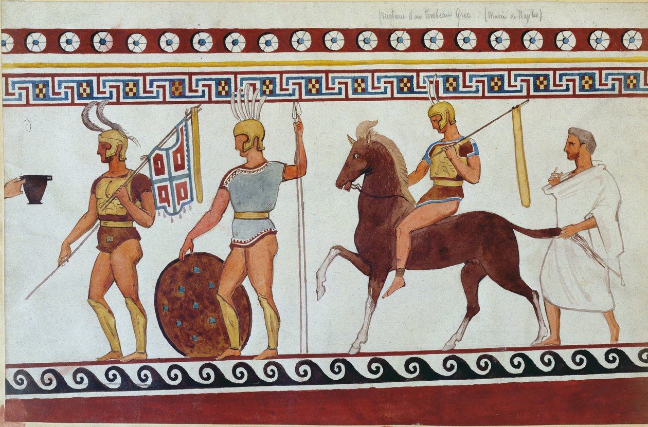 Rekonstrukce náhrobní malby z Paestum zobrazující řecké pěšáky a jezdce (viz také 186246, 119488 a 444298). od Italian School