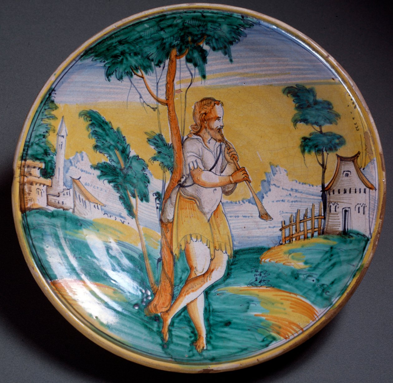 Renesanční umění: deskový dekor hráče na flétnu (Flétnista) - konec 16. století Výroba Viterbo (Viterbo), Itálie Florencie, Museo Nazionale del Bargello od Italian School