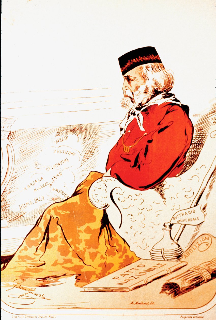 Zastoupení členů parlamentního práva Hrdinů z Risorgimenta a italského vlastence Giuseppe Garibaldiho (1807-1882) v roce 1874. Kresba. Řím, Museo del Risorgimento od Italian School