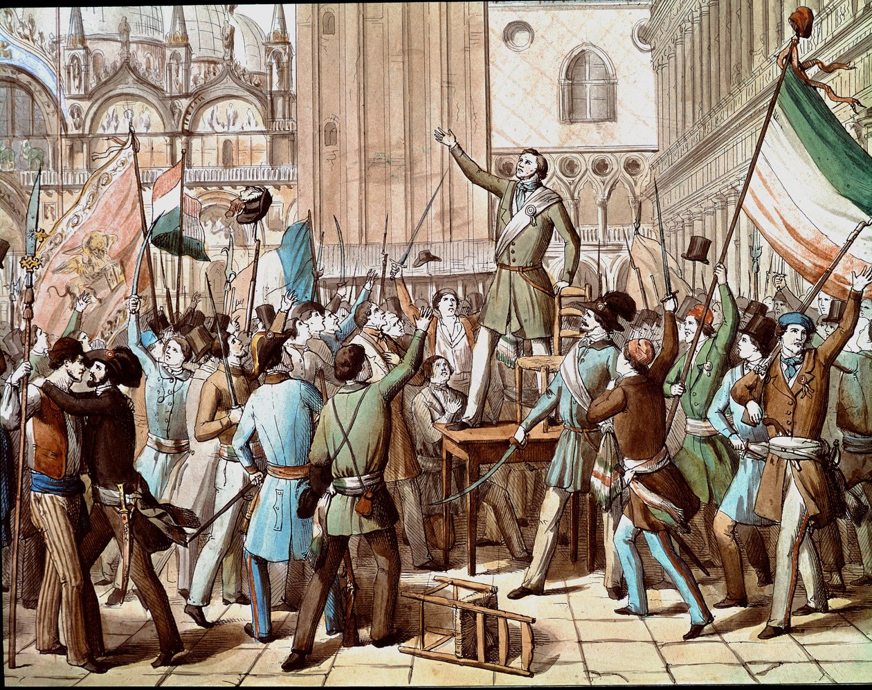 Zastoupení Daniele Manina (1808-1857), politika, který vedl benátskou revoluci proti rakouské přítomnosti v roce 1848: vyhlášení Benátské republiky v březnu 1848. (Vyhlášení Benátské republiky v březnu 1848, s reprezentací od Italian School