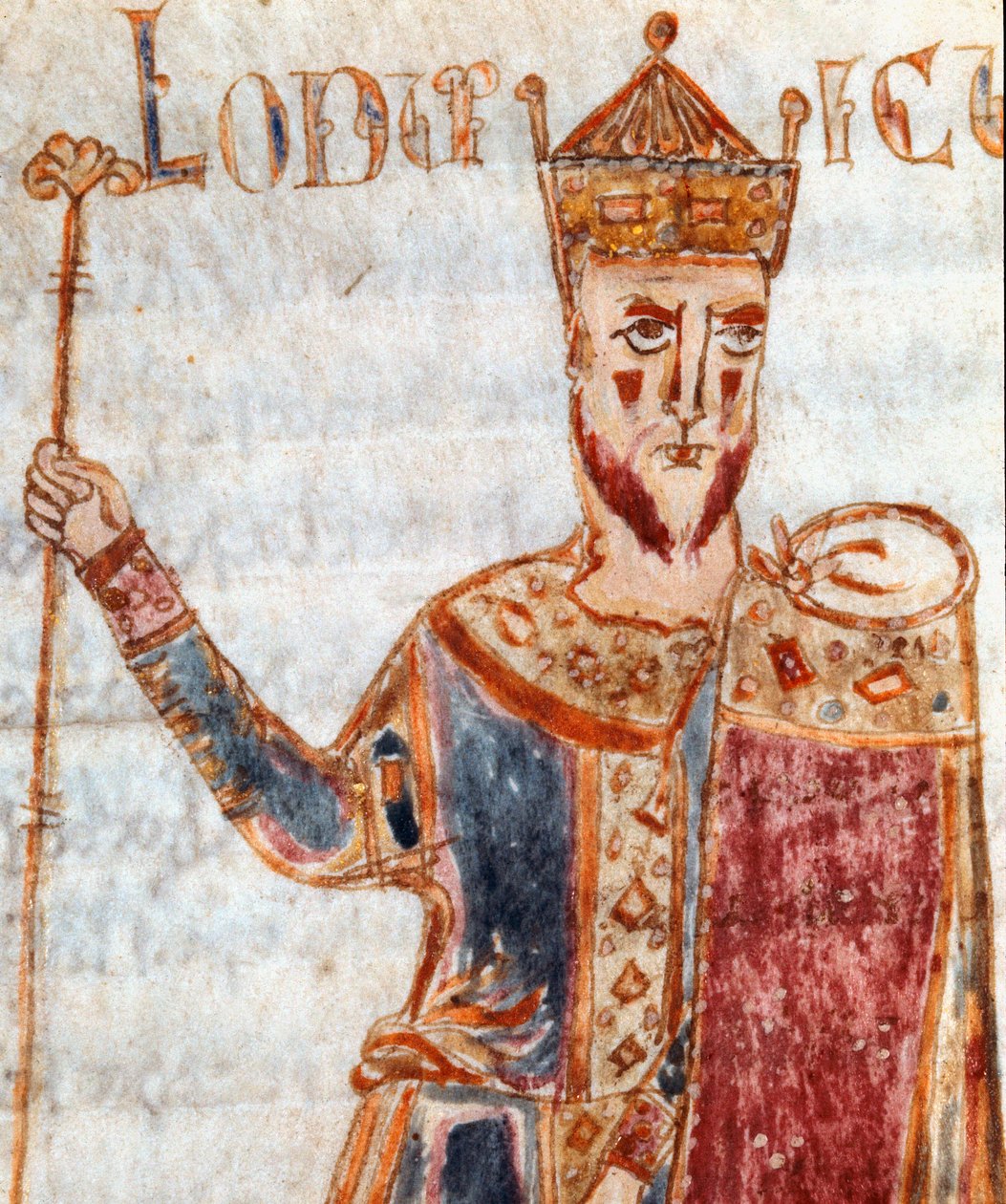 Znázornění Ludvíka I. známého jako Pobožný nebo Debonnaire““ (778-840), syna Karla Velikého““ Miniatura převzatá z „“Codex Legum Longobardorum““ (nebo Langobardorum) popisující zákony lombardského království založeného králem Rothari od Italian School