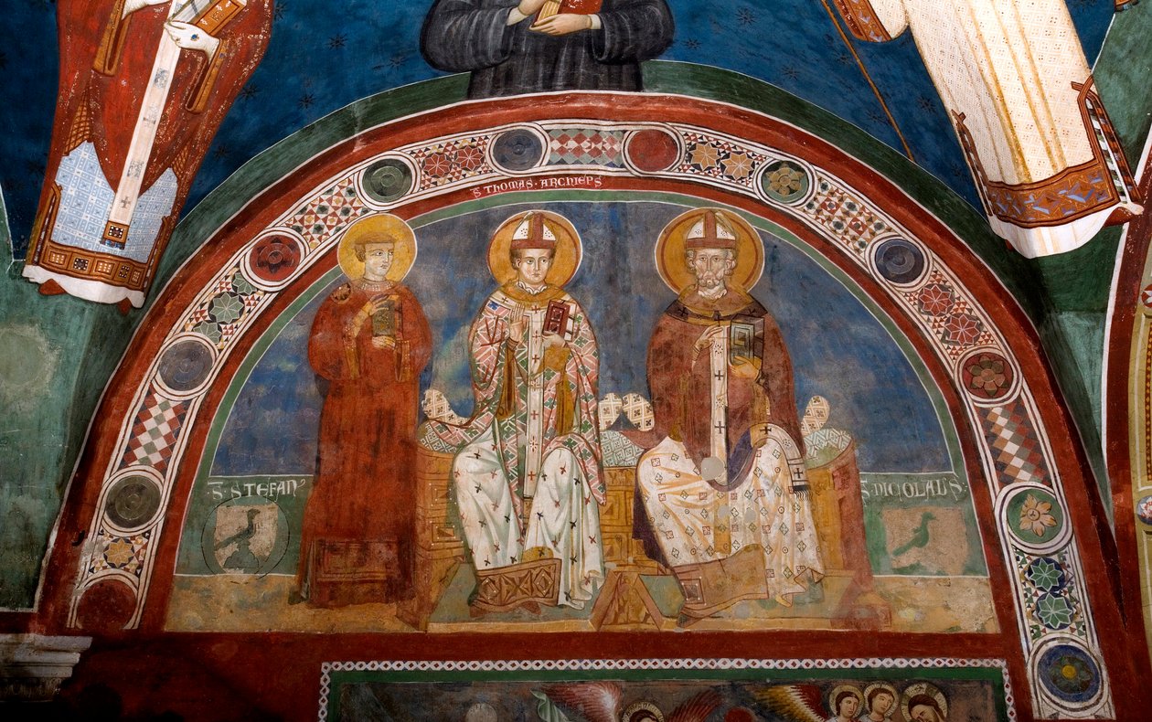 Znázornění svatého Štěpána, křesťanského mučedníka, svatého Tomáše Becketa (1118-1170), arcibiskupa z Canterbury a svatého Mikuláše z Myry nebo Bari (270-345) Anonymní freska (13. století) Dolní kostel. Klášter Saint Benedetto (Sacro Speco), Subiaco (Řím od Italian School