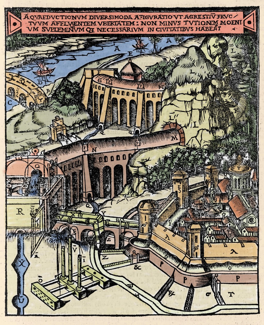 Reprezentace akvaduktu. Barevná rytina z „“De Architectura““ od Vitruvy (1. století př. n. l.) – vydání Gottarda da Ponte, pojď od Italian School