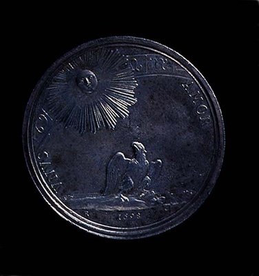 Rub portrétní medaile Anny Isabely Mantovské s vyobrazením orla pozorujícího slunce, ražba 1698. Nápis: VNVS AMOR (stříbrná) (avers viz 119199) od Italian School