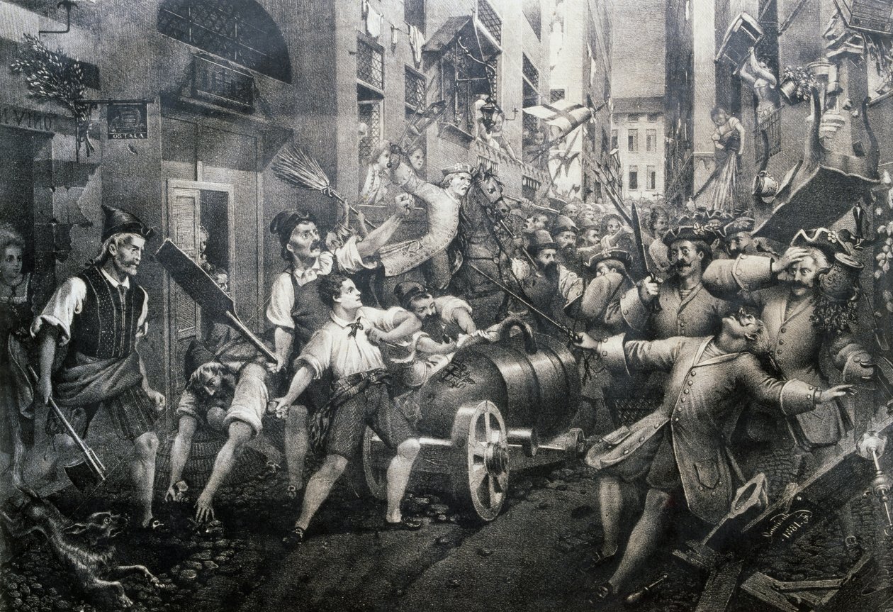 Vzpoura v okrese Portoria v Janově proti Rakušanům v roce 1746, vedená Giovanem Battistou Perasso (1735-1781) známým jako Balilla od Italian School