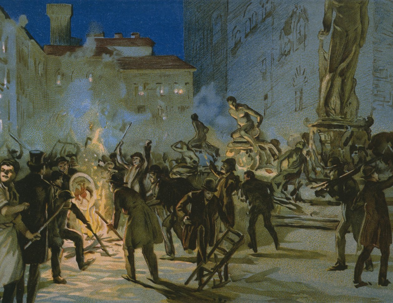 Revoluce ve Florencii, 27. dubna 1859, ilustrace z alba o historii Risorgimenta vyrobeného pro čokoládu Talmone, konec 19. století od Italian School