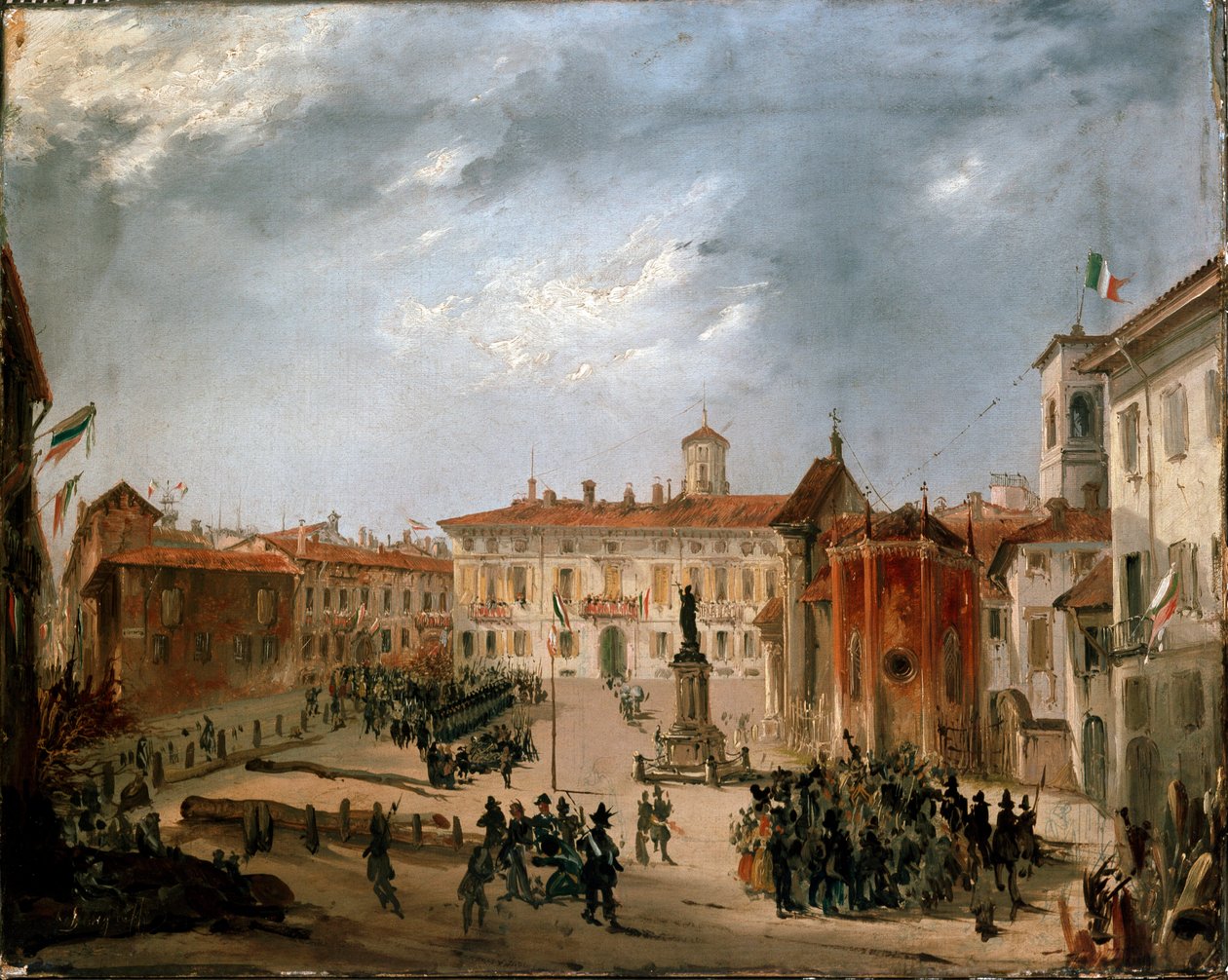 Revoluce 1848, Pět dní Milána: Rakouští zajatci na náměstí Borromeo 20. března (malba od Italian School