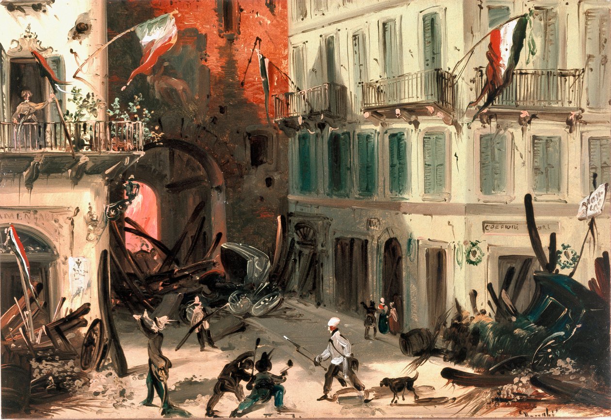 Revoluce 1848, Pět dní Milána: barikády u brány Pusterla Beatrice 22. března (malba od Italian School