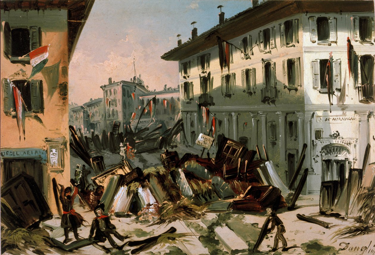 Revoluce 1848, Pět dní Milána: barikády na corso de porta Vercellina 22. března (malba od Italian School