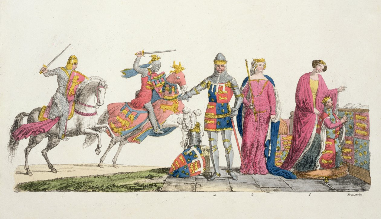 Richard Lví srdce, Jan z Gauntu, Edward III., Joan Plantagenetová a Filipa z Hainaultu, deska 9 z Historie národů (akvatinta) od Italian School