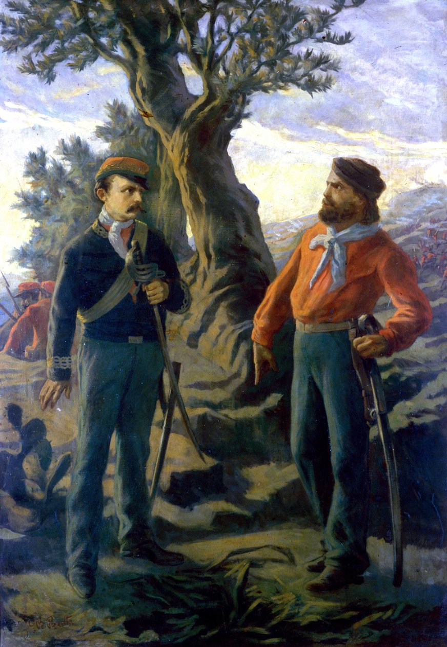 Risorgimento: Gerolamo Bixio zvaný Nino Bixio (1821-1873) a Giuseppe Garibaldi (1807-1882) v bitvě u Calatafimi na Sicílii dne 15.05.1860. Garibaldi prohlašuje Bixiovi, který navrhuje, aby se stáhl: „“ Co říkáš Bixio? Zde stavíme Itálii resp od Italian School