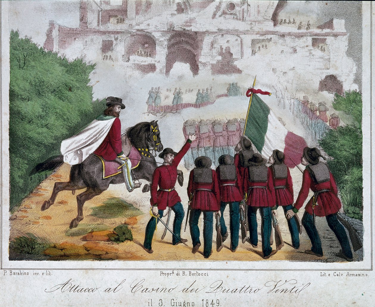 Risorgimento, Římská republika (Repubblica romana): Vojáci armády Giuseppe Garibaldiho na koních se 3. června 1849 pokusili dobýt zpět vilu Quattro Venti v Římě. Litografie Římské národní muzeum Risorgimento od Italian School