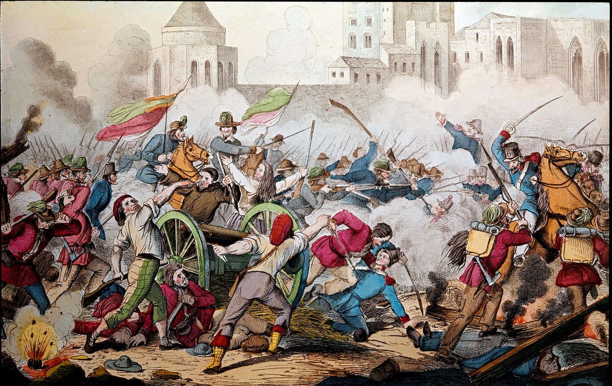 Risorgimento: Boje o Palermo 26. května 1860. Expedice tisíce (červené košile). Giuseppe Garibaldi (1807-1882) mezi Palermem a lidem v povstání se k němu připojil, aby bojoval s vojáky Bourbonského království v Neapoli. Rytina 19. ce od Italian School