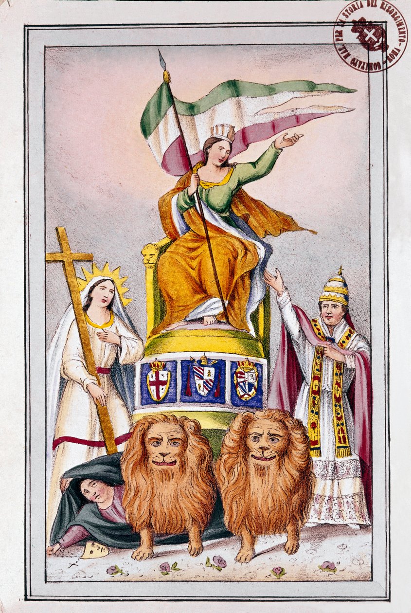 Risorgimento: propagandistický plakát pro papežské státy: „Itálie má víru a papež Pius (Pio) IX“ Litografie 19. století Museo del Risorgimento, Řím od Italian School