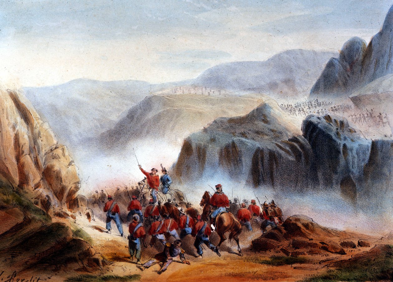 Risorgimento: Bitva u Calatafimi na Sicílii mezi jednotkami Giuseppe Garibaldiho (1807-1882), Tisíce a Armee Království dvou Sicílie od Italian School