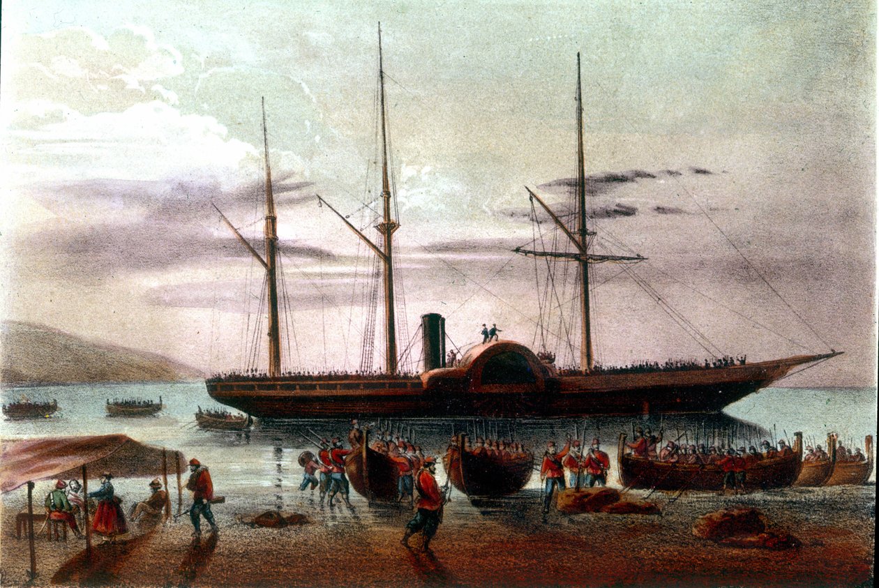 Risorgimento: odjezd 8.8.1860 Giuseppe Missoriho, důstojníka armády Giuseppe Garibaldiho (1807-1882), v detroitu Messina směrem k pevnosti Villa San Giovanni. Ilustrace 19. století od Italian School