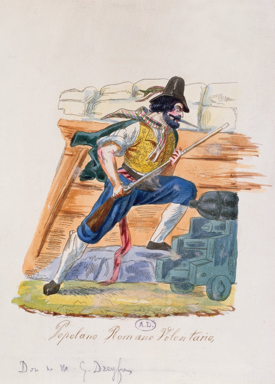 Římský lidový dobrovolník z povstání v Římě v roce 1848 (barevná rytina) od Italian School