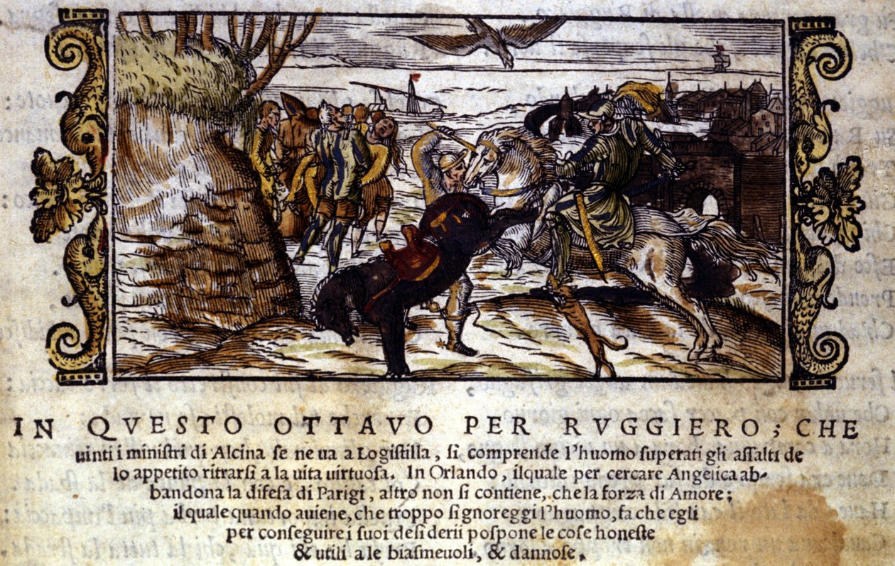 Ruggierovi se podaří uprchnout z ostrova Alcina a později zachrání Angeliku před orkem - Scéna z rytířské básně „Orlando Furioso“ od Ludovica Ariosta od Italian School