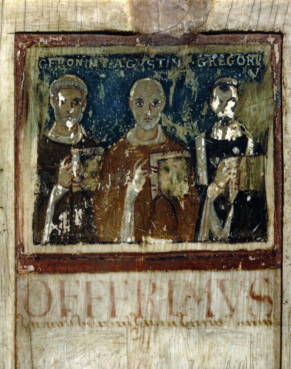 Svatý Jeroným, svatý Augustin (354-430) & Saint Gregoire I. Veliký (540-604), Detail z Diptychu Boece, c.487 (miniatura na slonovině) od Italian School