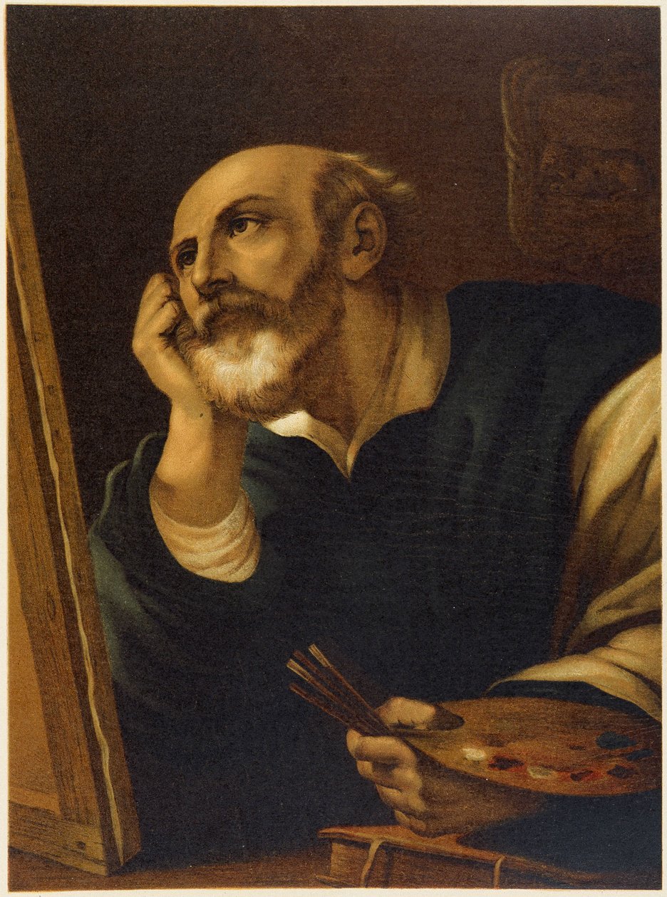 Svatý Lukáš, který maluje ve „Zlaté klasické Bibli: Dějiny Božího zjevení ve starověkém a novém úsilí“ od Giovanniho Ladislao Sykory (sv. 2), přeložil Don Clemente Benetti. (italská bible) od Italian School