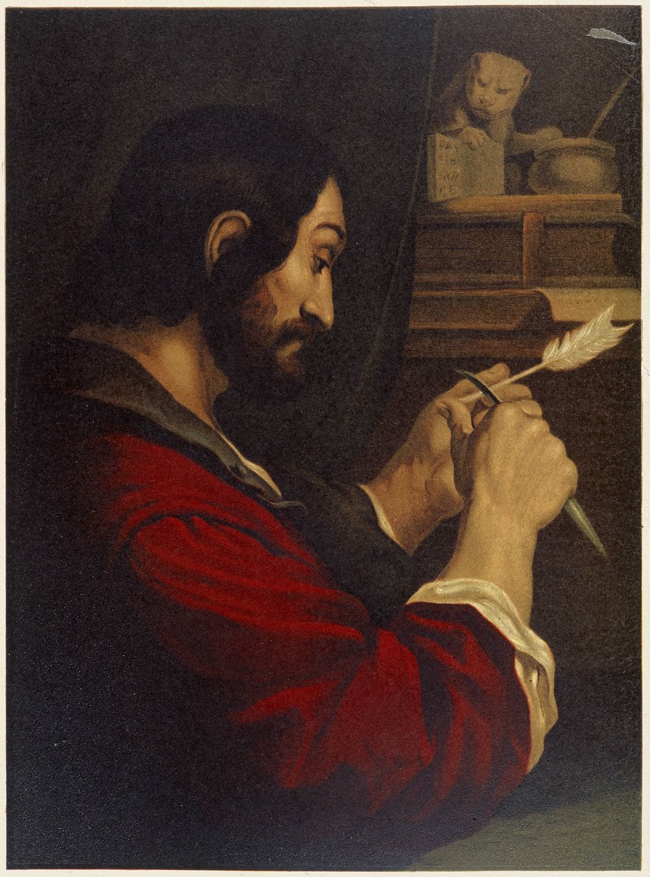 Svatý Marek vyřezával pero - v „Klasické zlaté bibli: historie božského zjevení ve starověkém a novém úsilí“ od Giovanniho Ladislao Sykory (sv. 2), přeložil Don Clemente Benetti. (italská bible) od Italian School