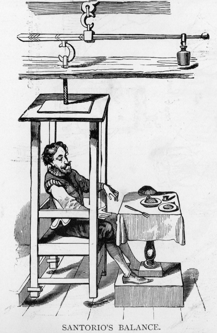 Santorio Santorio sedí ve svém stroji Balance Machine od Italian School