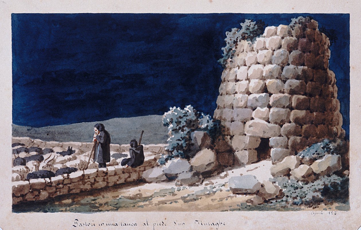 Sardinští ovčáci poblíž nuraghe, tisk ms. 257, sbírka Cominotti, kolem 1825 od Italian School