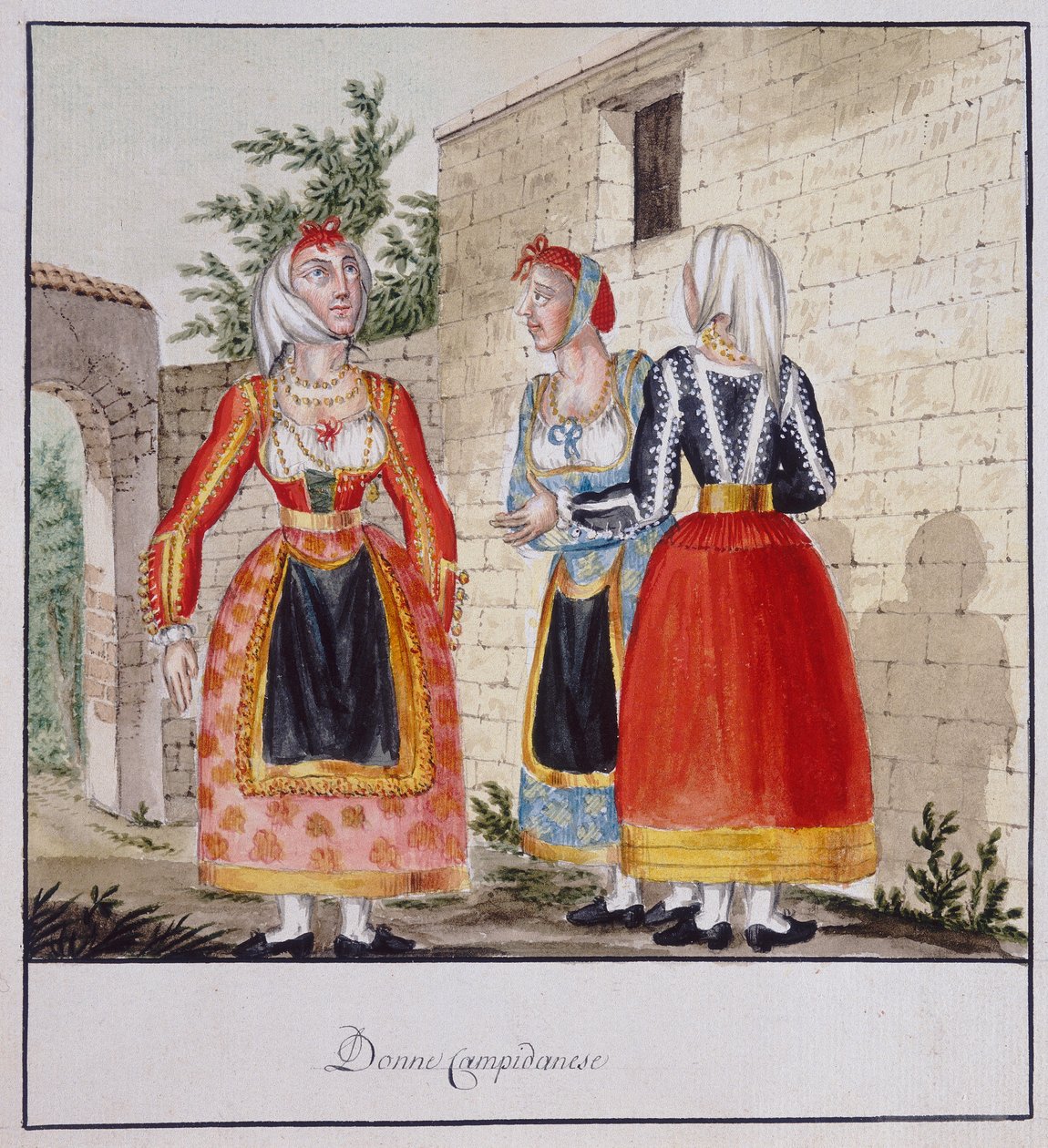 Sardinské ženy v kostýmech z Campidana, tištěná ms.258, kolekce Luzzetti od Italian School