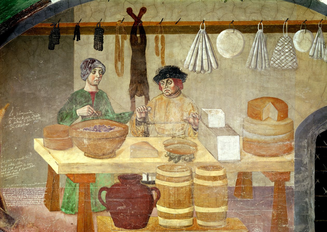Prodejci uzenin a sýrů (freska) od Italian School