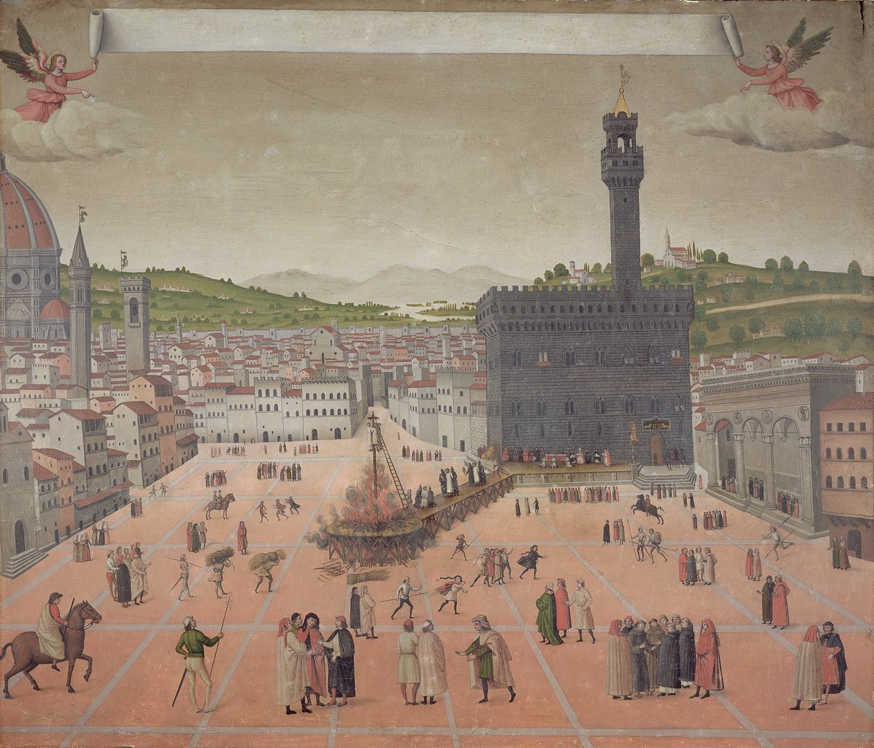 Savonarola je upalován na hranici, Piazza della Signoria, Florencie (olej na panelu) od Italian School