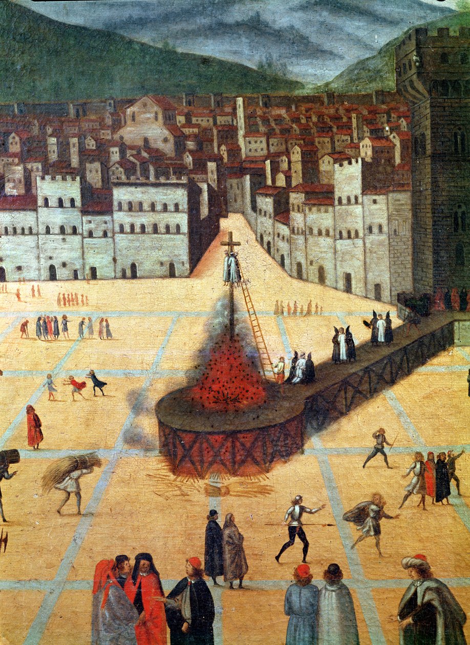 Savonarola je upalován na hranici, Piazza della Signoria, Florencie, detail ohně (olej na panelu) od Italian School